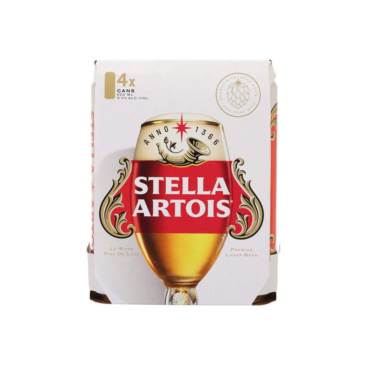 Stella Artois lager 4-can multipack in white carton with gold-red can artwork