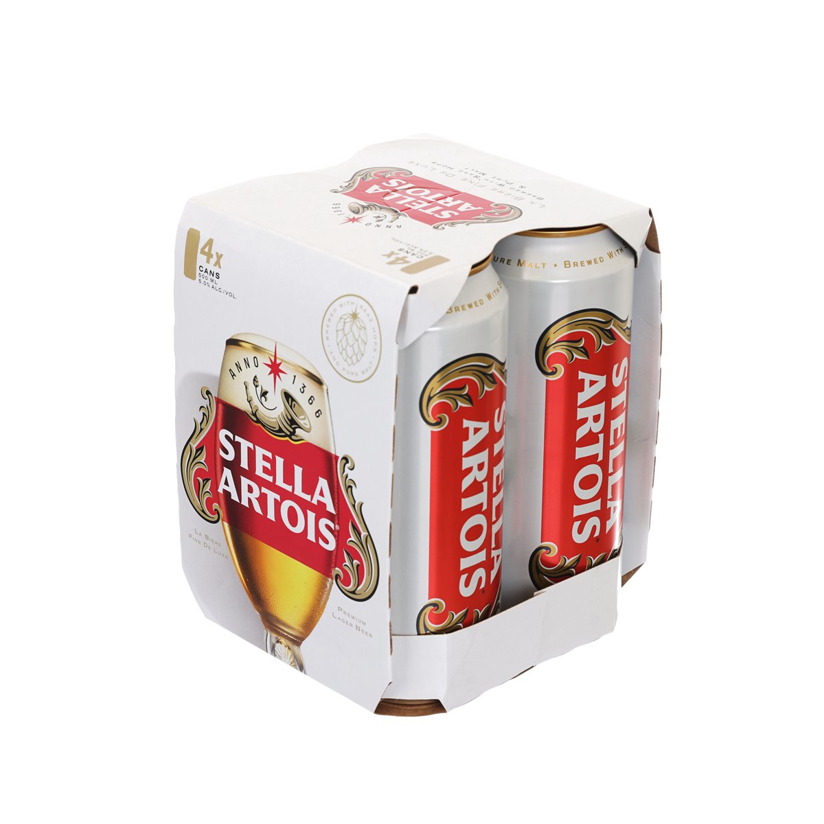 Stella Artois lager 4-pack carton showing three cans with gold and red graphics