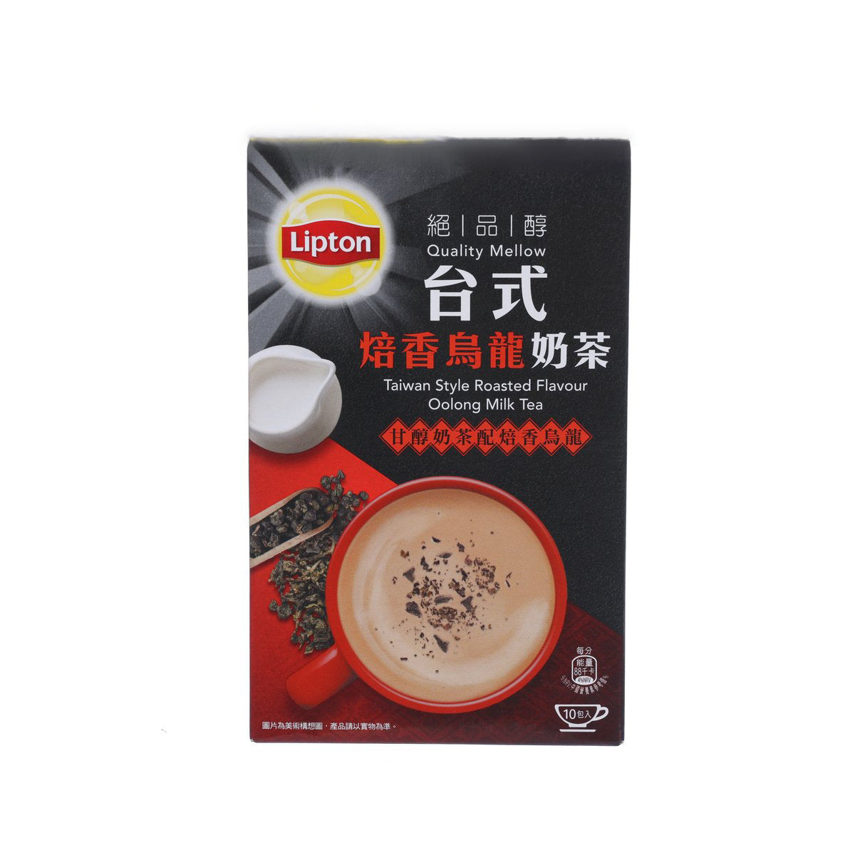 Lipton roasted oolong milk tea box with cup graphic, black and red front panel