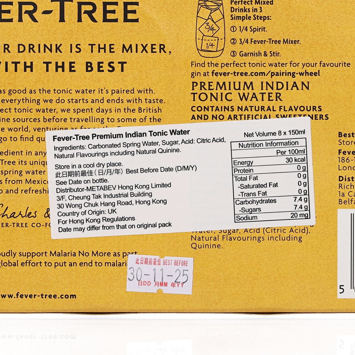 FEVER-TREE Premium Indian Tonic Water carton back with ingredients panel
