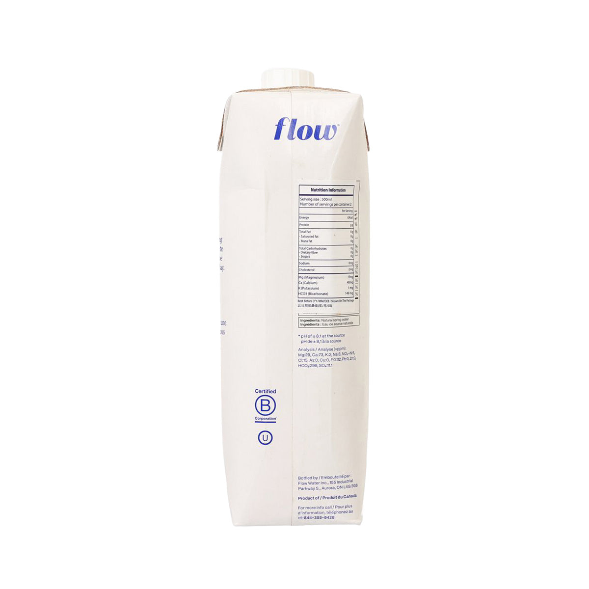 1L alkaline spring water carton back side with blue flow logo