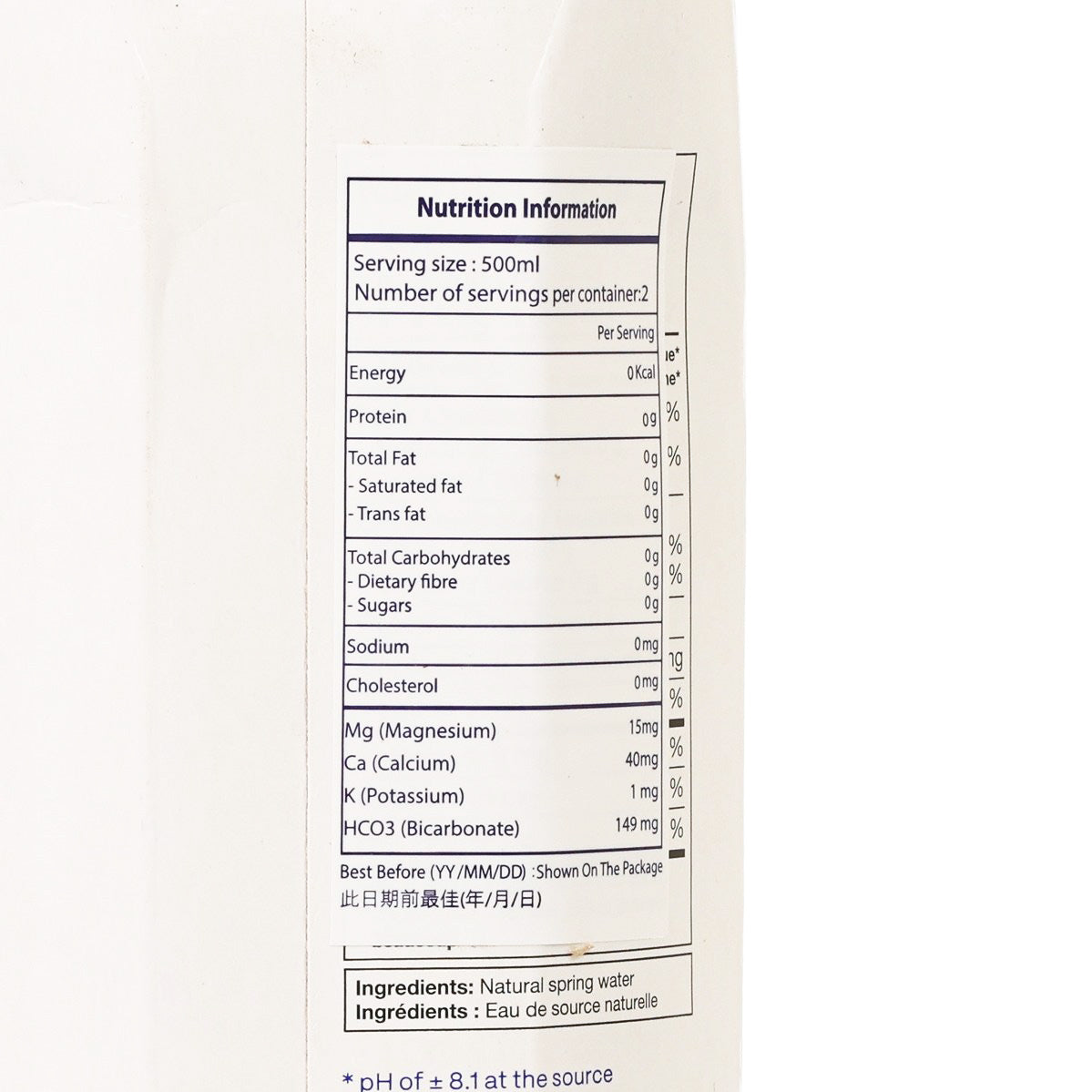 Alkaline spring water nutrition information panel with serving size 500ml