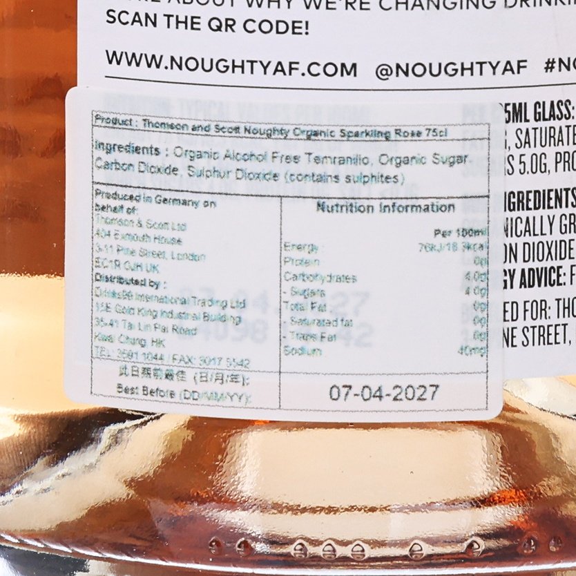 THOMSON & SCOTT Noughty organic sparkling rosé bottle label close-up