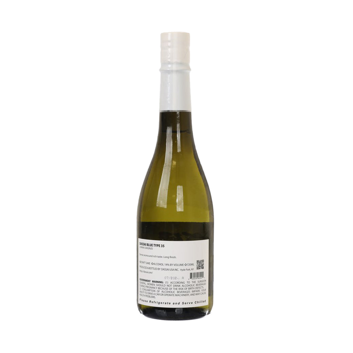 DASSAI Blue Type 35 sake bottle with barcode back label and white cap