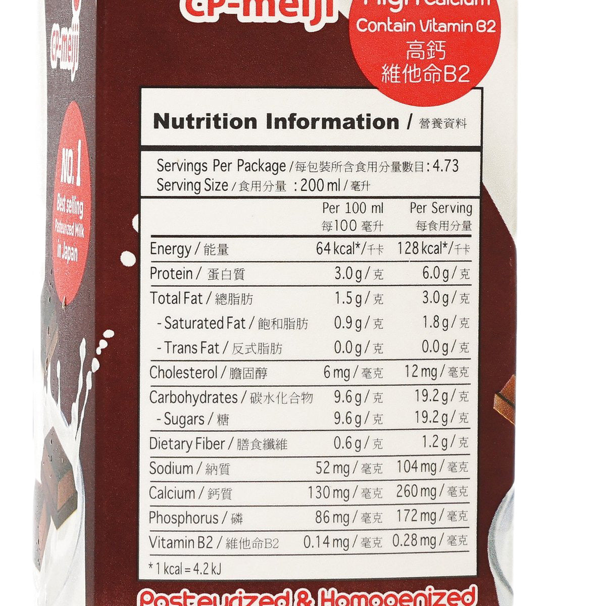 Nutrition Information close-up on chocolate milk beverage carton, per 100 ml table
