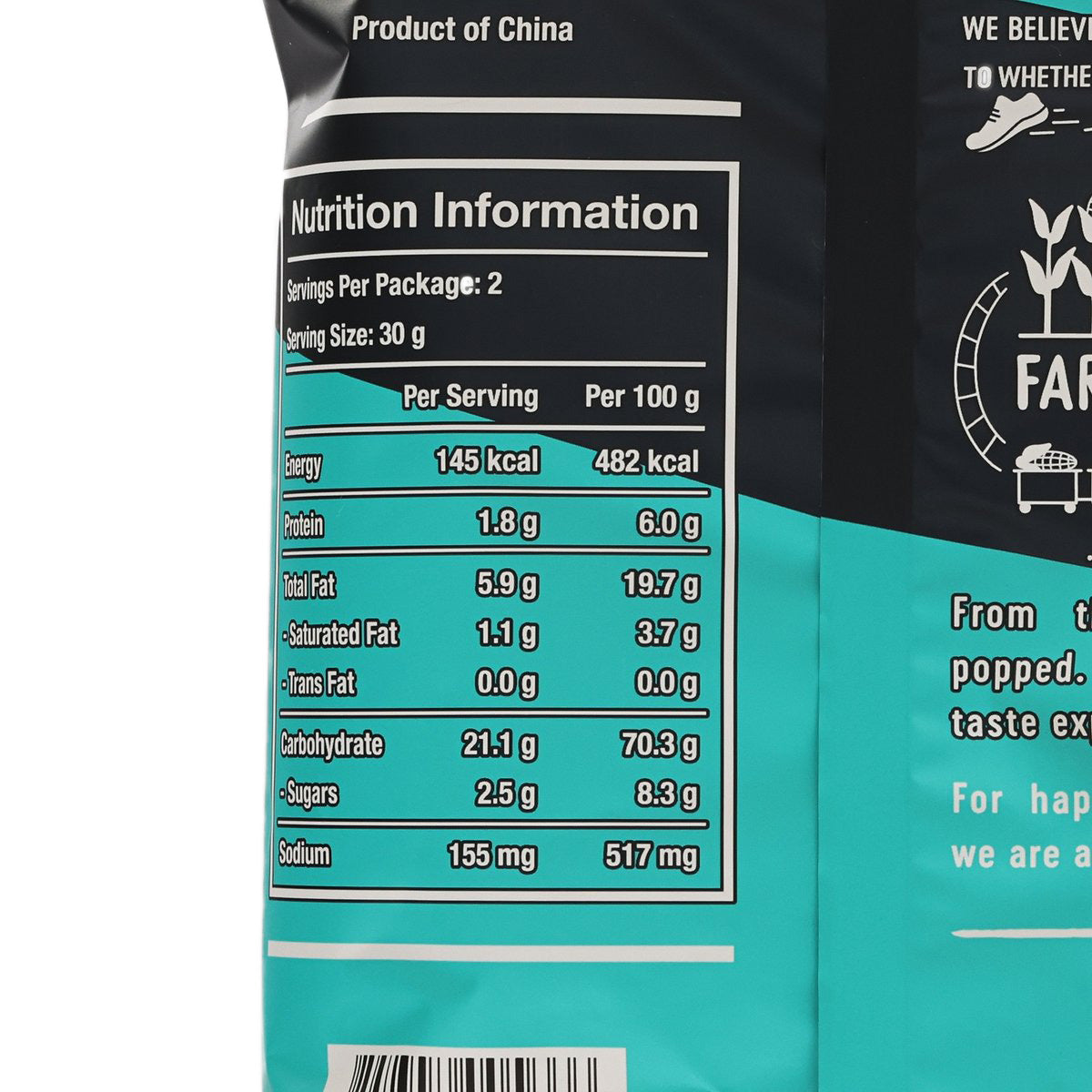 Close-up of nutrition information panel on teal and black corn snack bag