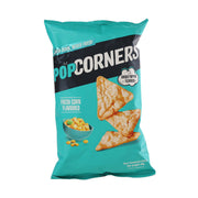 Teal and black corn snack bag with popcorn-style crackers on front