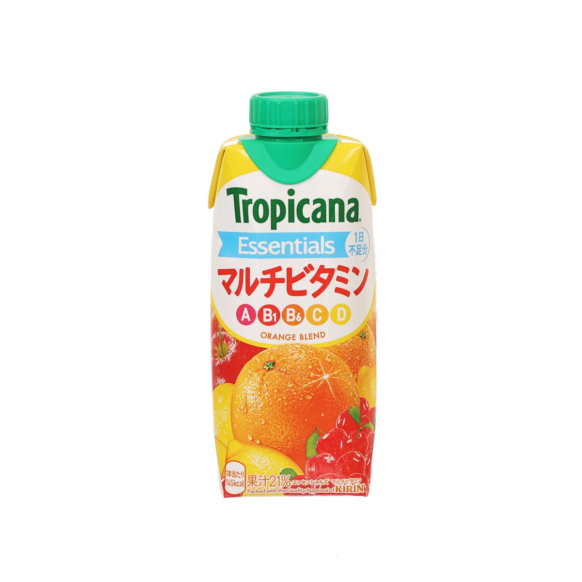 Orange blend multivitamin juice drink carton with green cap, 330 mL