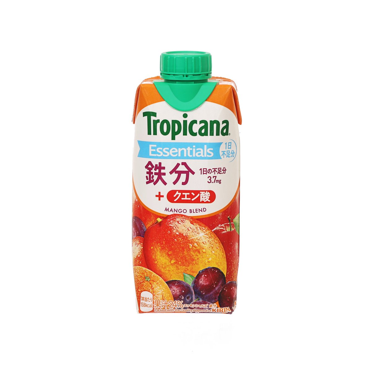 Tropicana Essentials mango blend juice drink carton with green flip-top cap, 330 mL