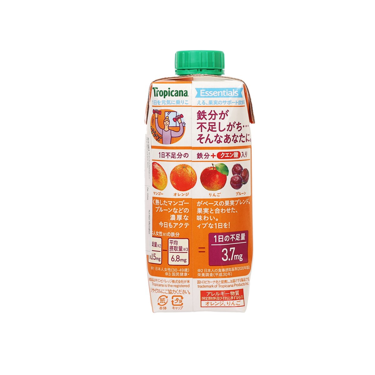 Tropicana Essentials mango blend juice drink carton, rear panel with nutrition text