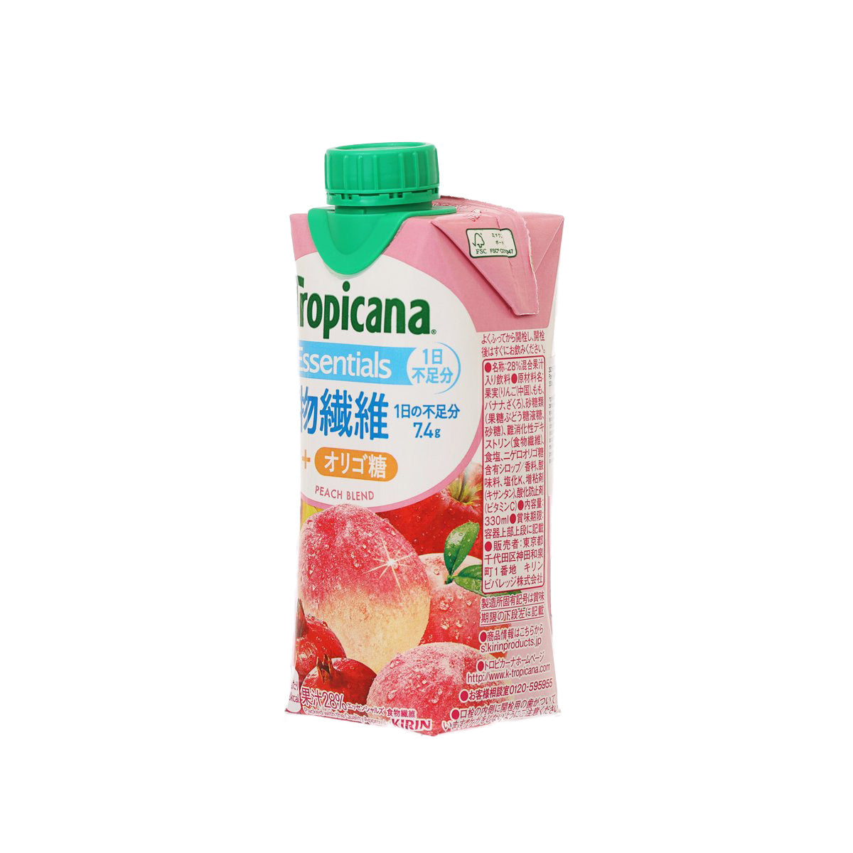 Tropicana Essentials peach blend juice drink carton, green cap, side view