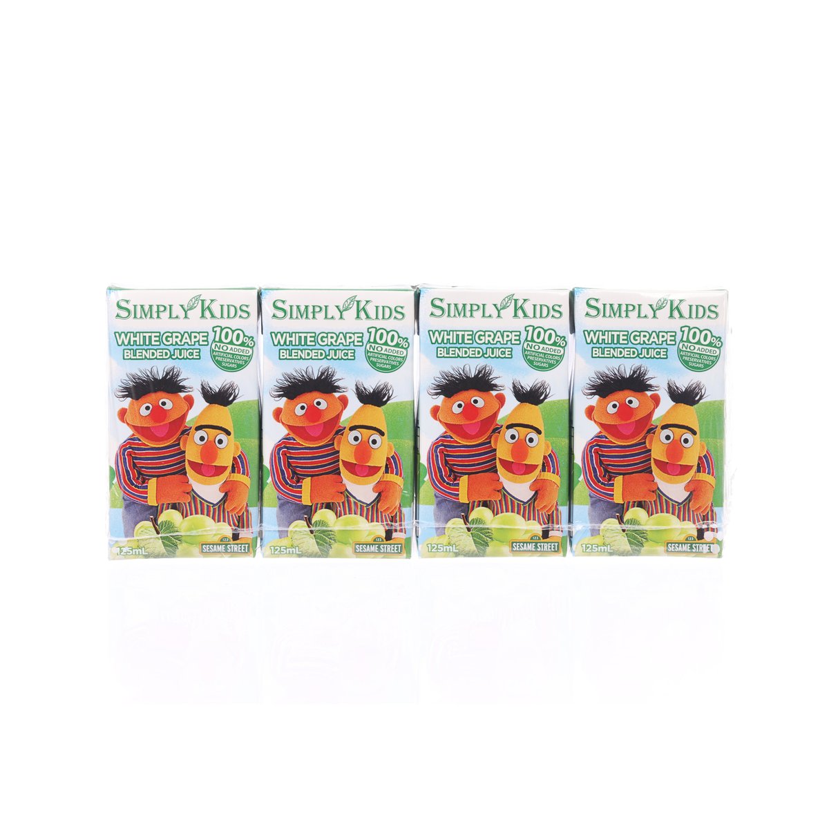 Kids grape blended juice 4-pack, white carton boxes with cartoon characters