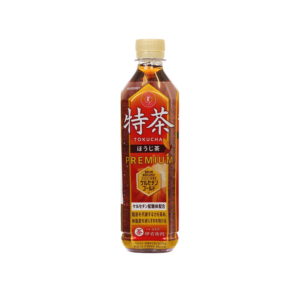 500 mL PET bottled hojicha tea drink with amber label and gold cap