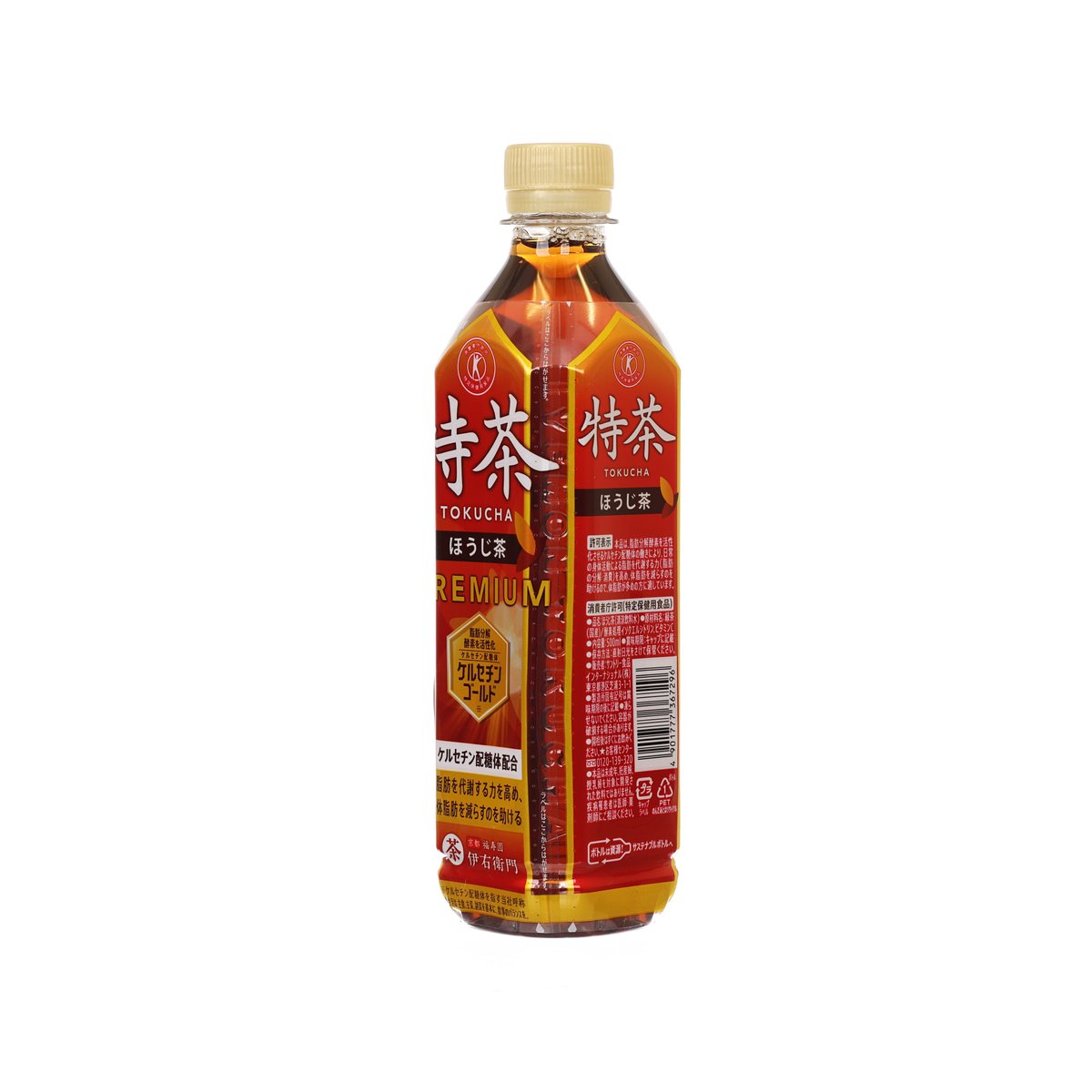500 mL PET bottled hojicha tea drink, side view of red nutrition panel