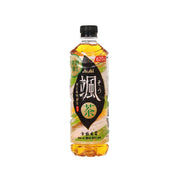 ASAHI Hayate green tea PET bottle 620 mL, black cap, amber liquid, front label