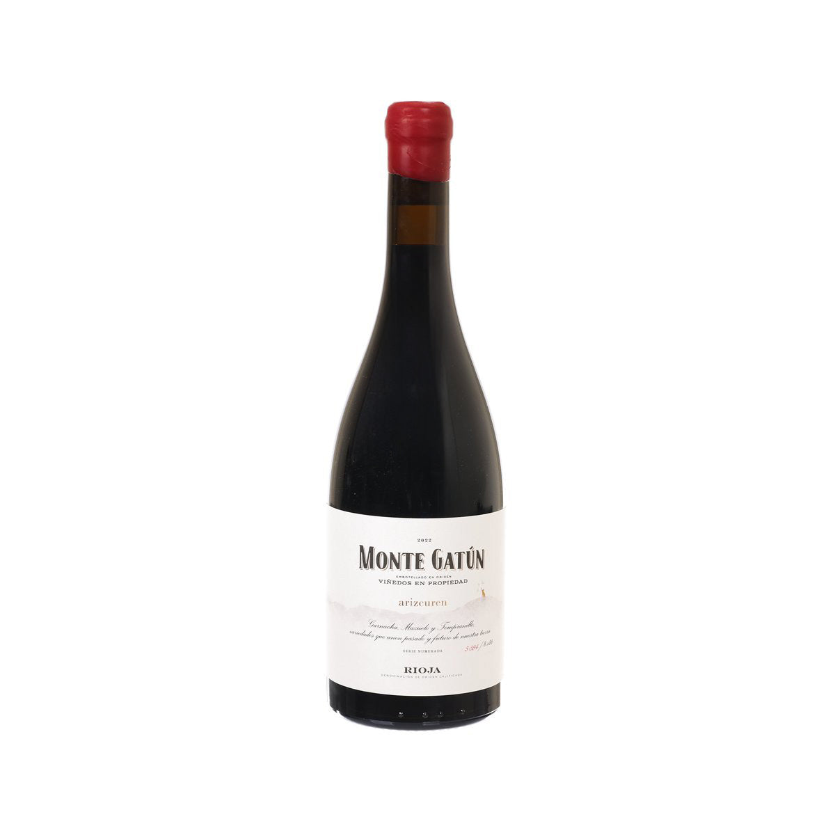 Wine bottle with red cap and dark glass, front label with Monte Gatun text