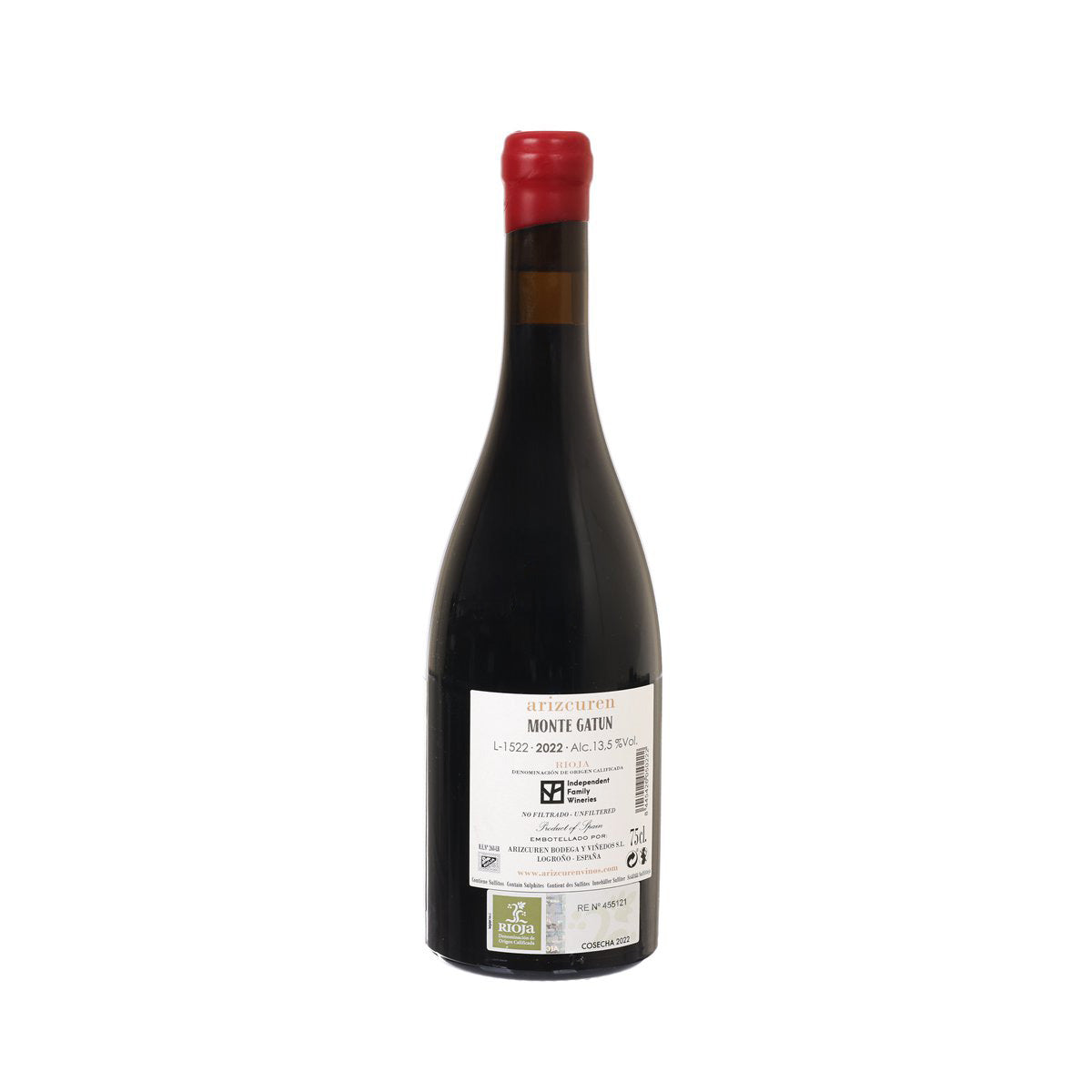 Wine bottle with red cap and dark glass, back label text and barcode