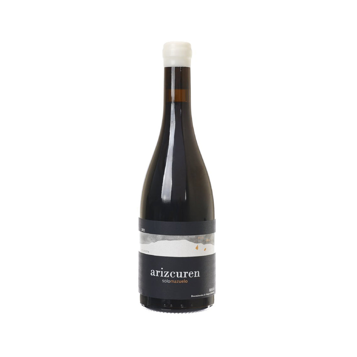 Mazuelo wine bottle with arizcuren front label, dark glass, white capsule.