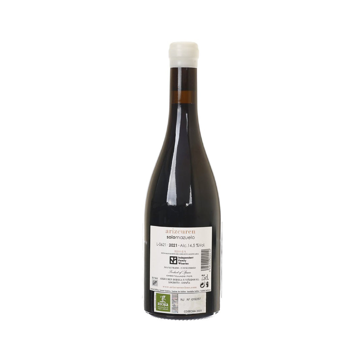 Mazuelo wine bottle with arizcuren back label, dark glass, white capsule.