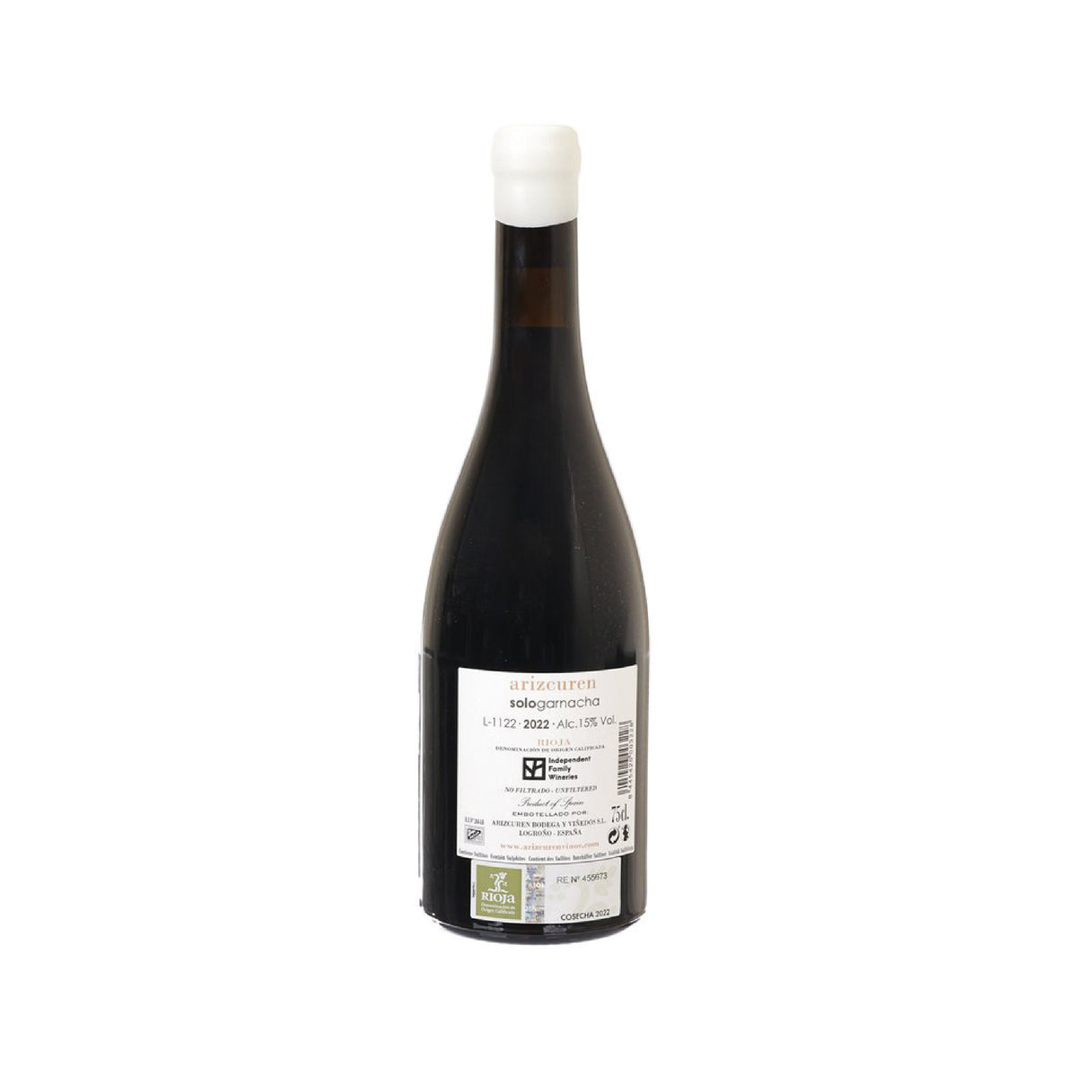 ARIZCUREN Solo Garnacha wine bottle with back label and barcode, dark glass, white cap