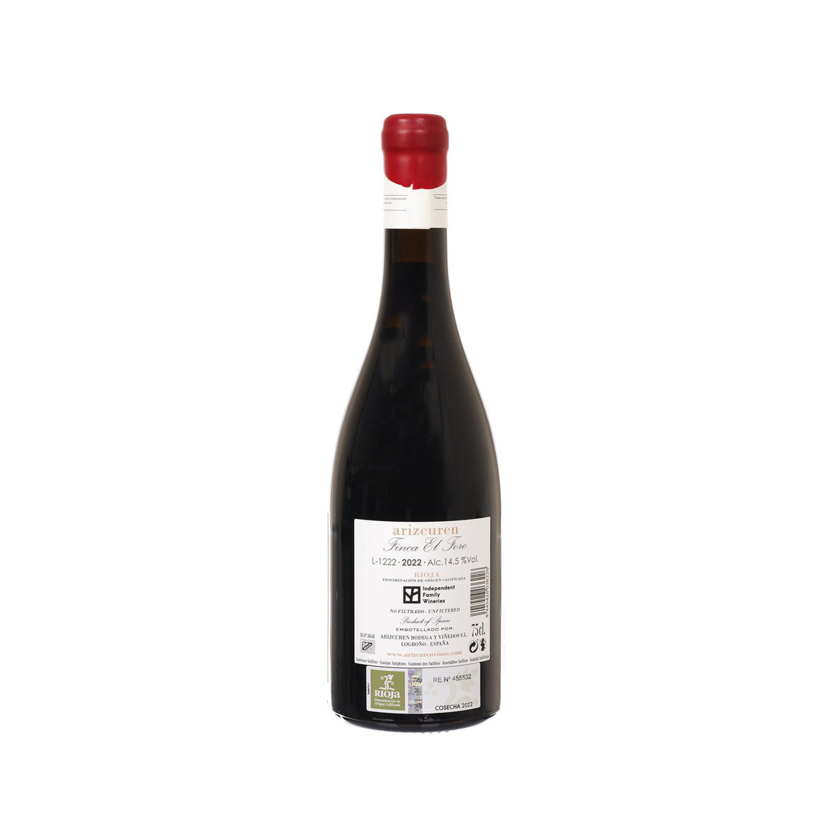Wine bottle with red foil cap and back label with printed details
