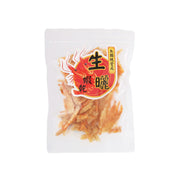 Dried prawn snack in clear plastic pouch with orange dried prawns and front label