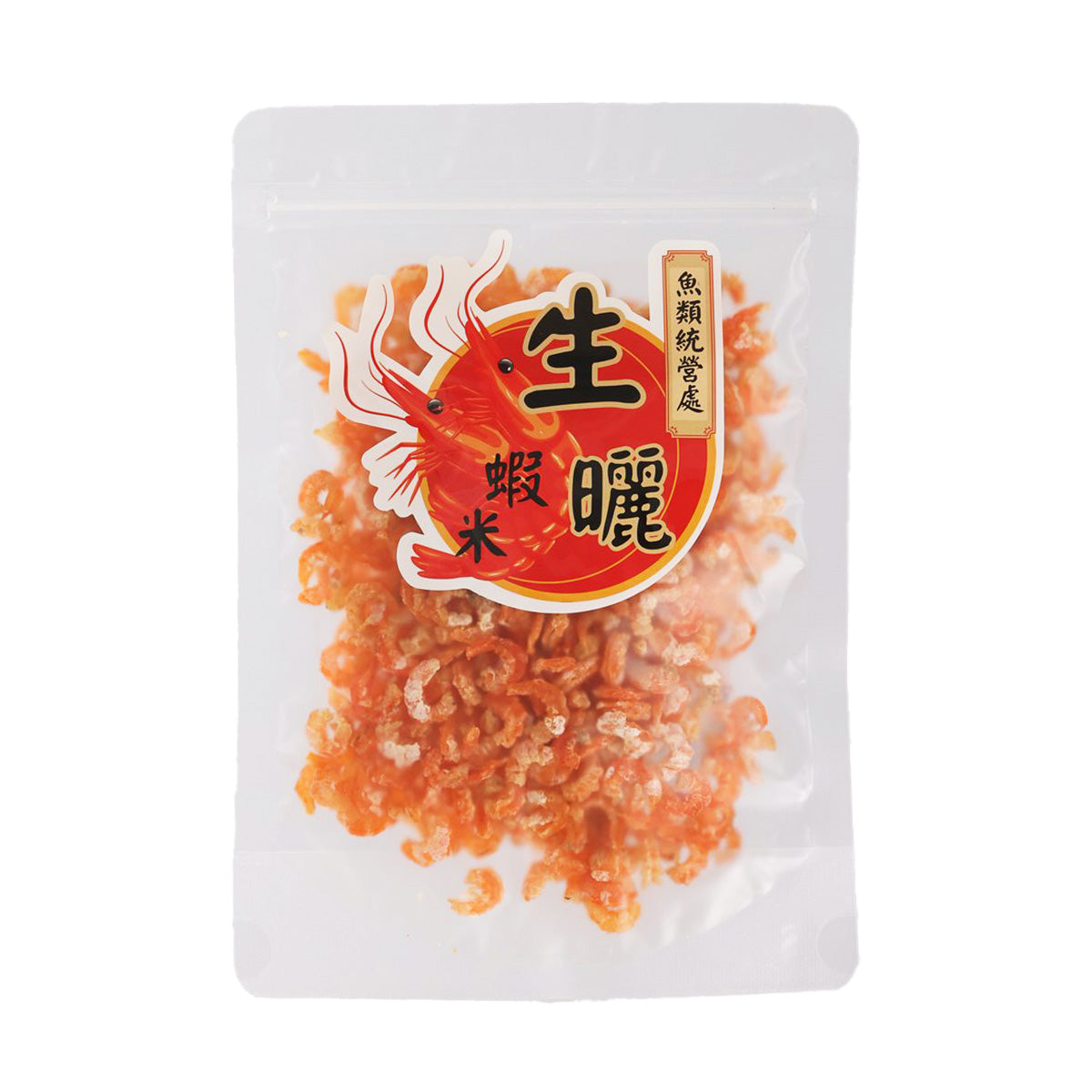 FMO dried shrimp (100g) in clear pouch with orange curled shrimp.