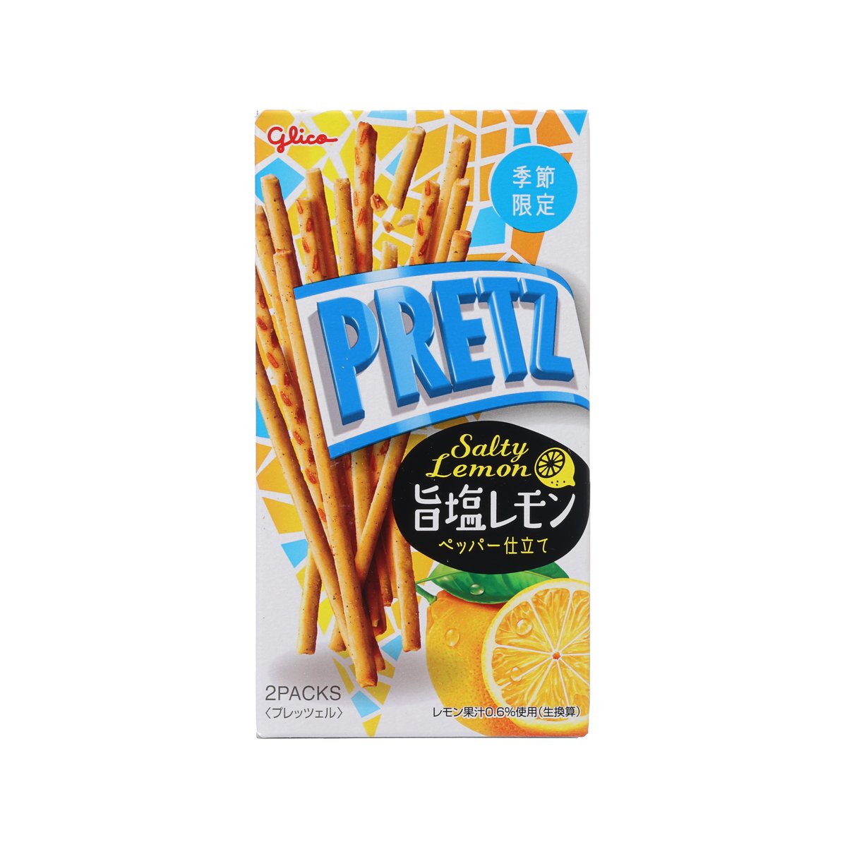 Salty lemon pretz biscuit stick box showing stacked pretzel sticks (2 packs)