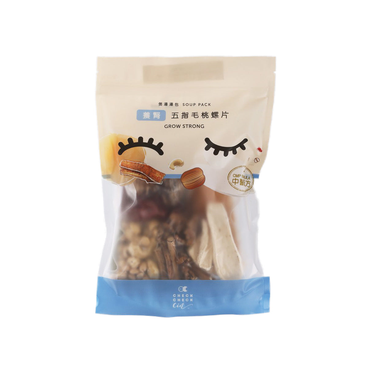 Hairy fig root and conch soup sachet with dried ingredients in clear pouch, front view