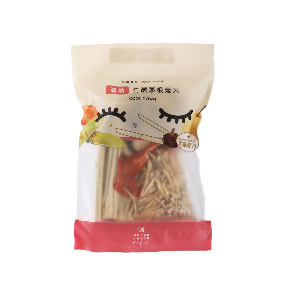 Cool Down instant soup pack in white pouch with red seal, illustrated front label