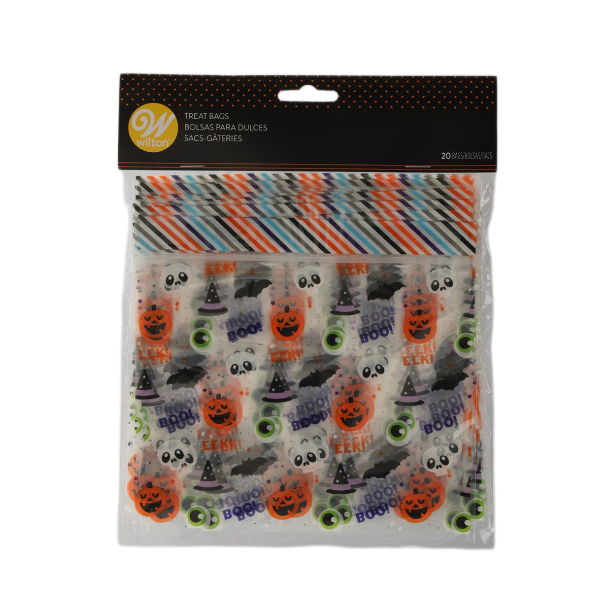 Clear Halloween treat bag with cartoon panda faces, pumpkins, and 'Boo' print
