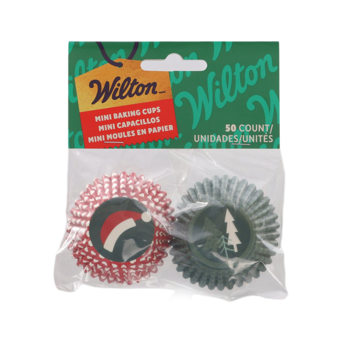 Mini baking cups with Santa hat and Christmas tree designs, pink and gray liners