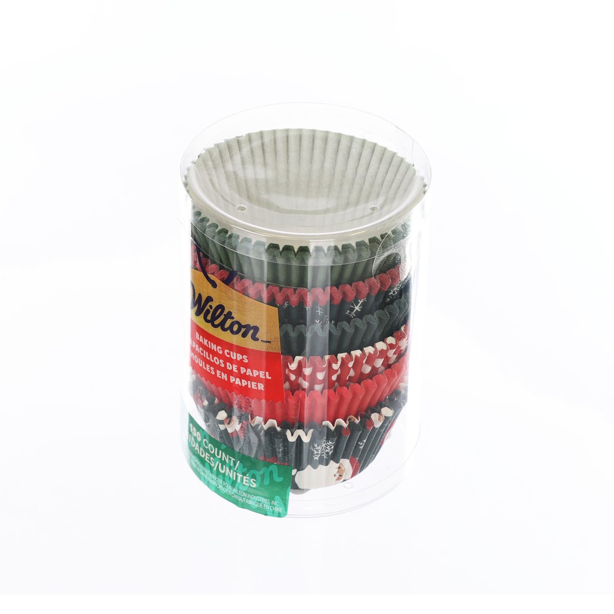 Plastic jar of WILTON paper baking cups, red green and dark striped liners, 150 count
