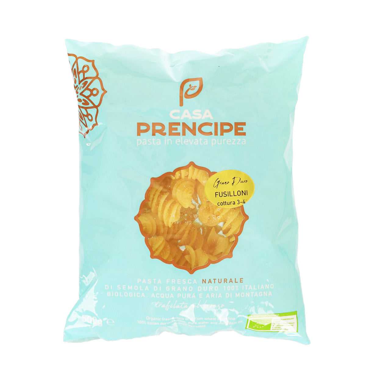Organic fusilloni pasta bag in light blue with CASA PRENCIPE branding