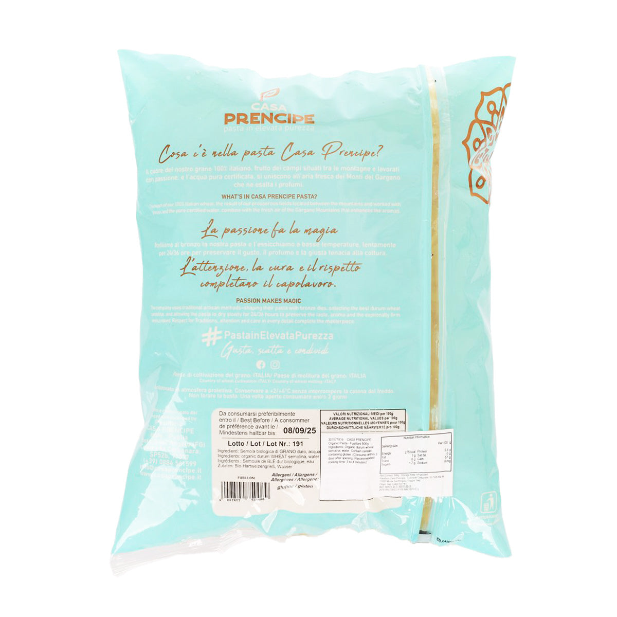 Organic fusilloni pasta bag back side with ingredient and serving information labels