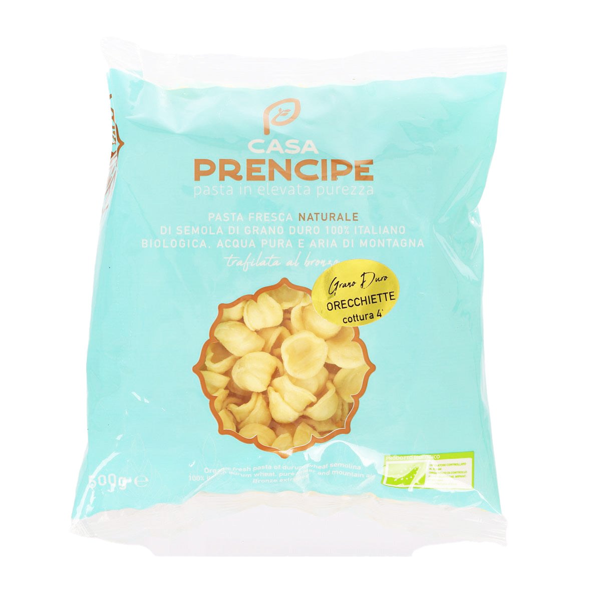 Organic orecchiette pasta bag with CASA PRENCIPE branding and pasta shape graphic