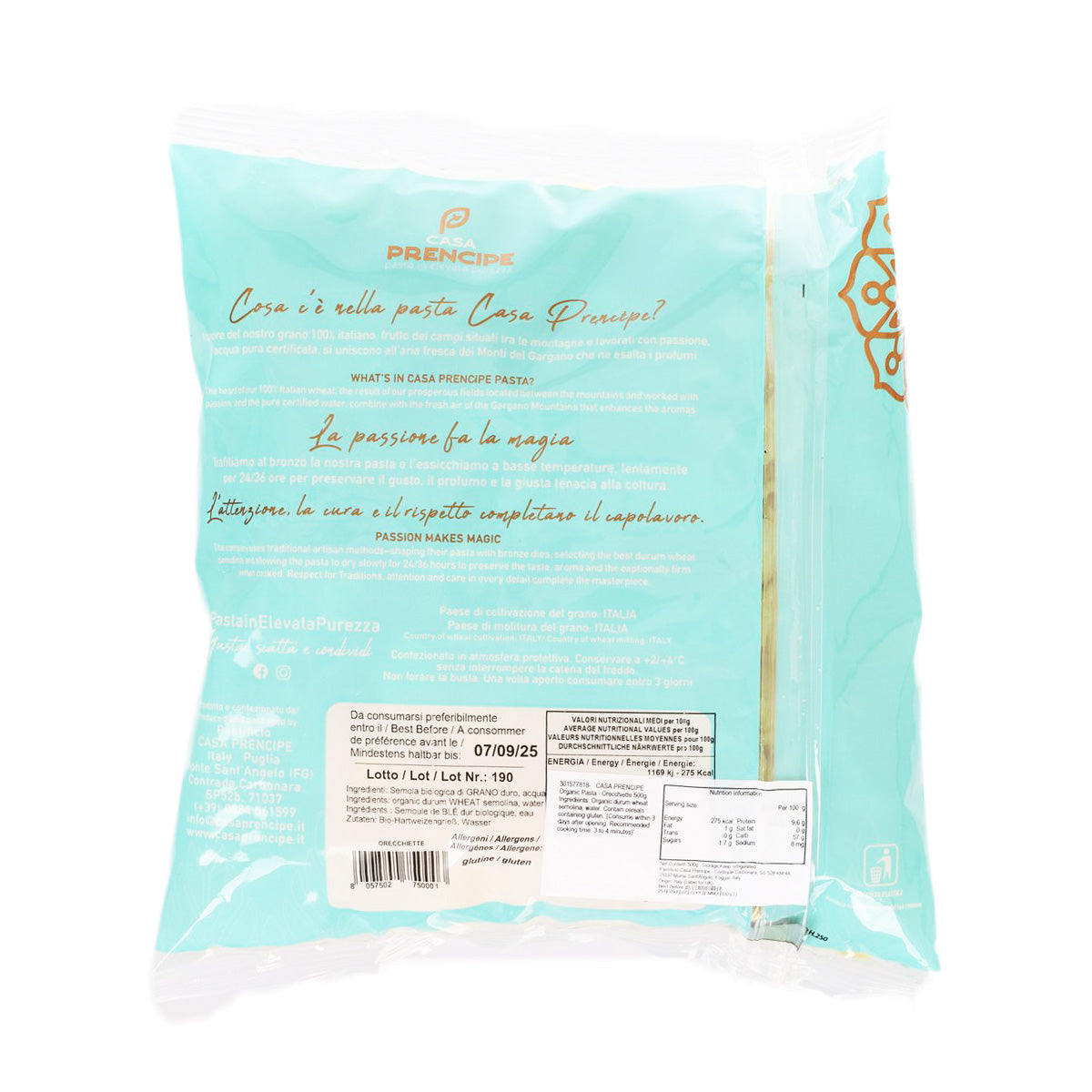 Organic orecchiette pasta bag back with ingredient and product information panel