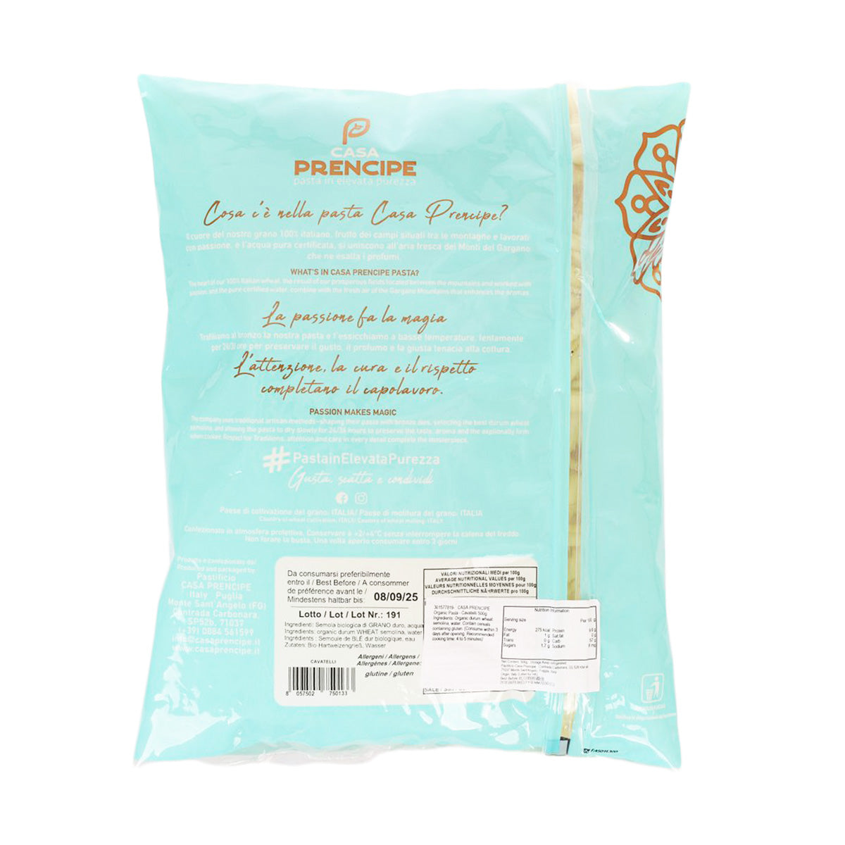 Organic cavatelli pasta bag, back label with barcode and product details