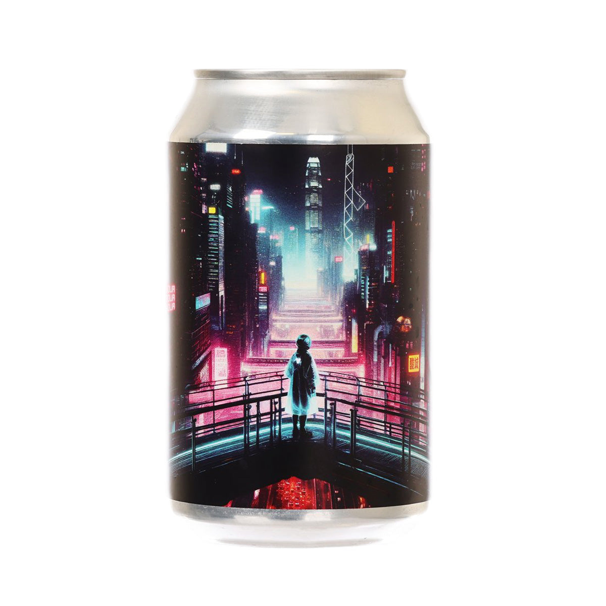 Sour beer can with tall cityscape illustration and silver top