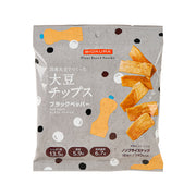 Black pepper soy chips in gray bag, front view with orange chips and snack graphics