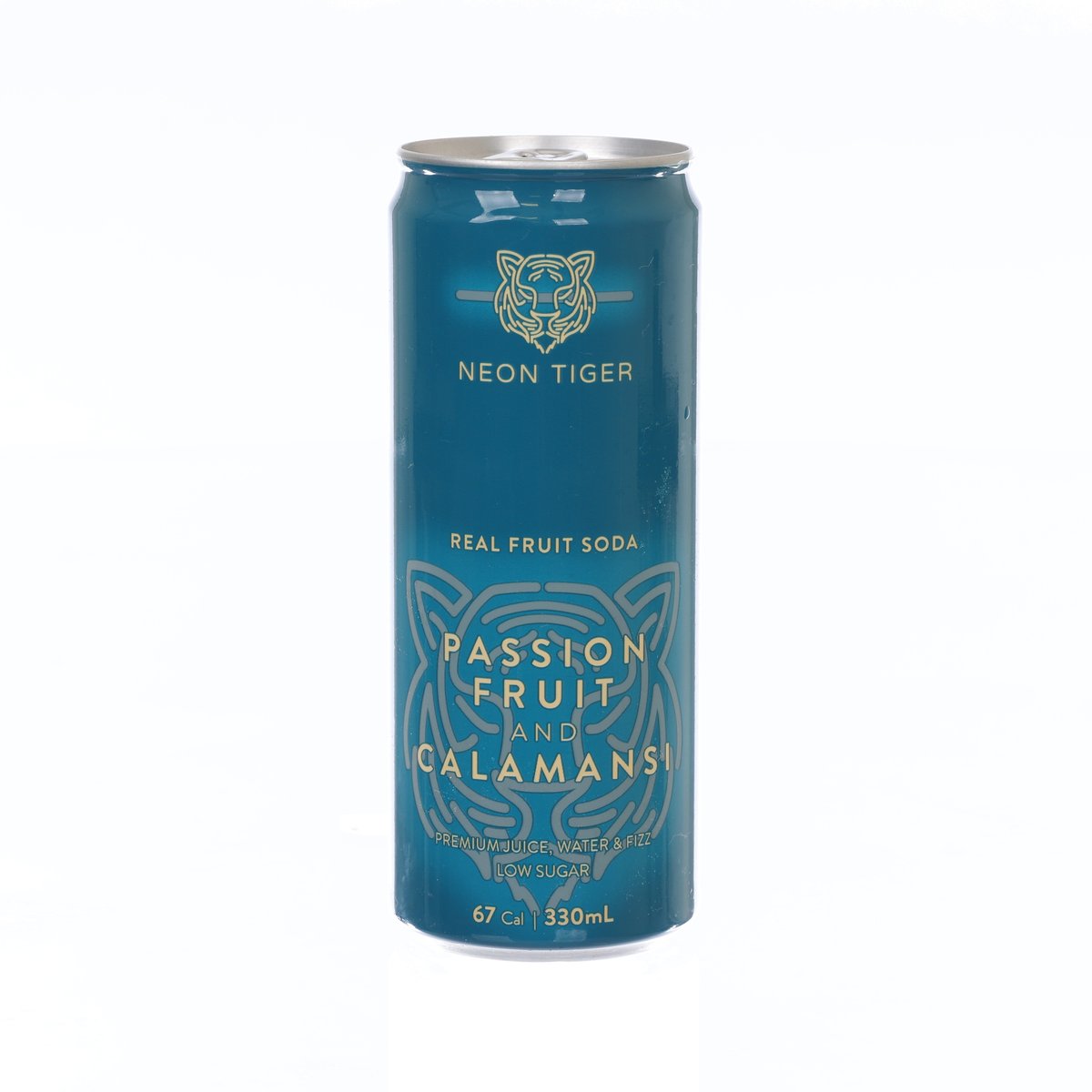 Teal NEON TIGER real fruit soda can, Passion Fruit & Calamansi, silver top