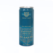 Teal NEON TIGER real fruit soda can, Passion Fruit & Calamansi, silver top