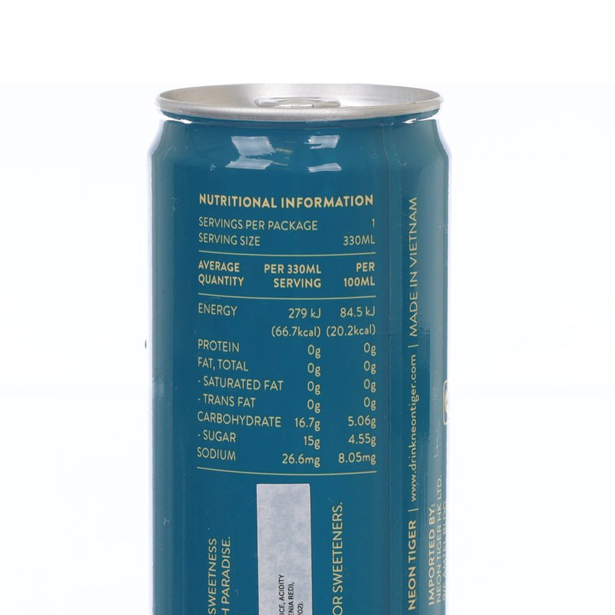 Teal soda can back showing nutritional information and serving size, silver rim