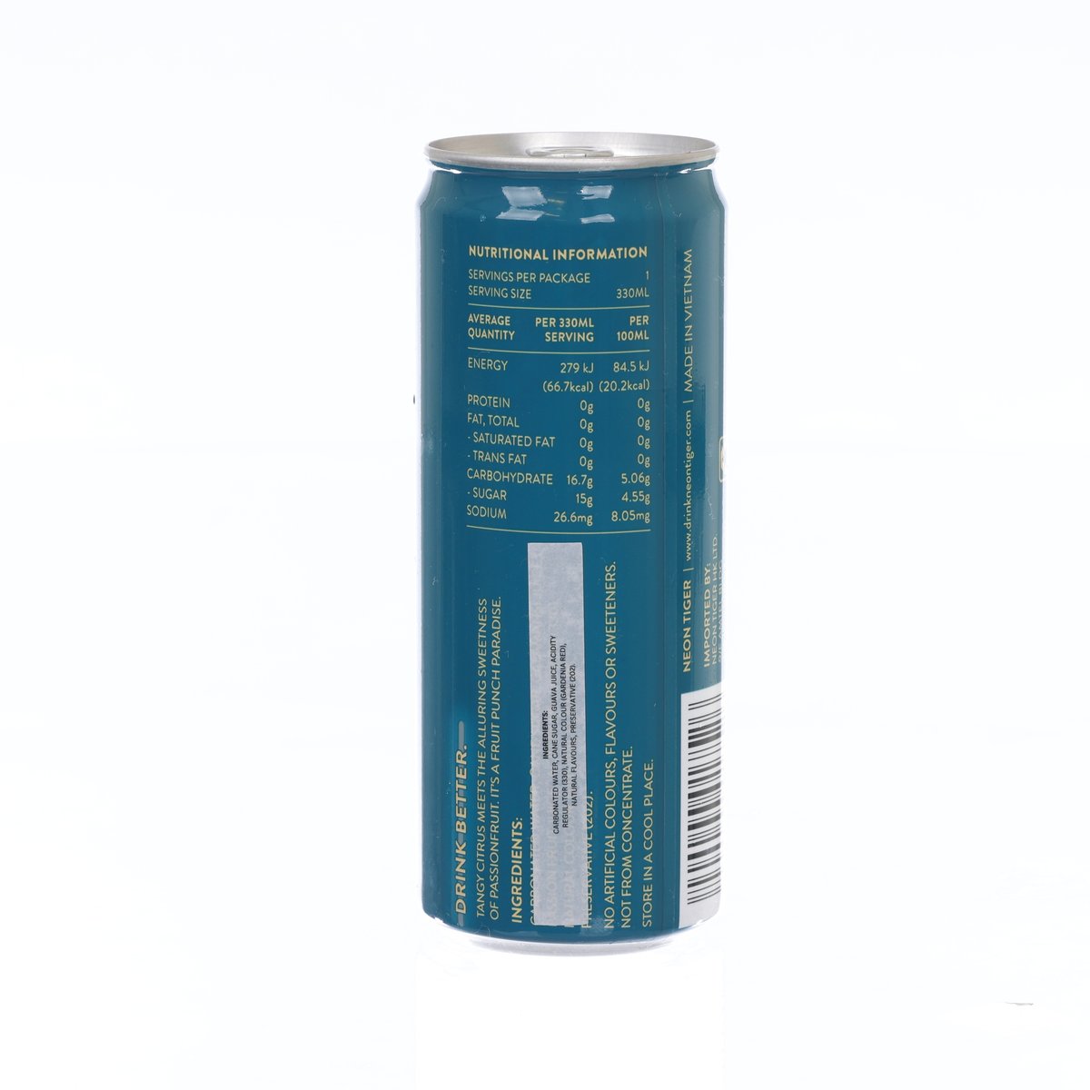 Teal soda can back with nutrition facts panel and barcode, silver rim