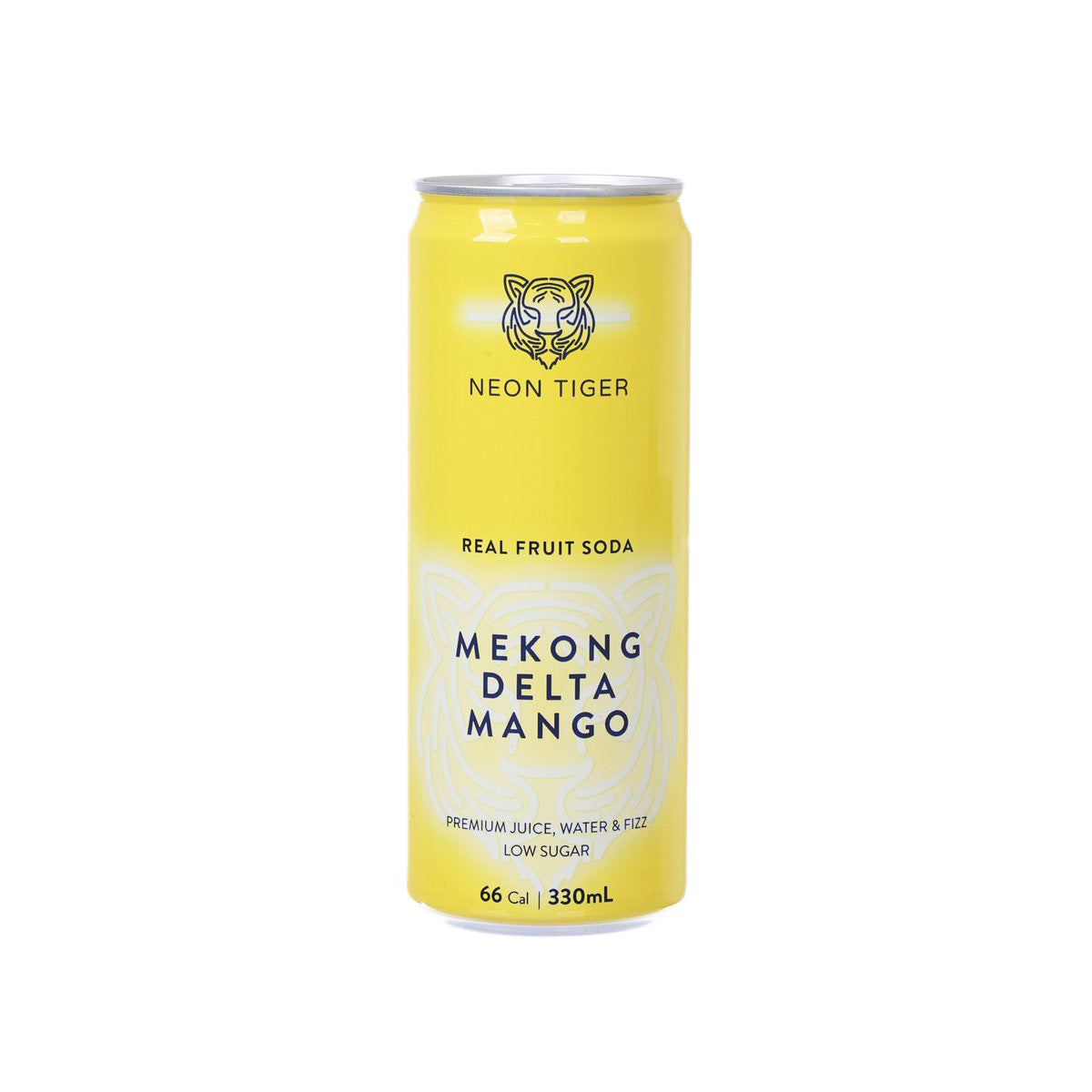 NEON TIGER mango real fruit soda can, 330 mL, yellow with tiger logo