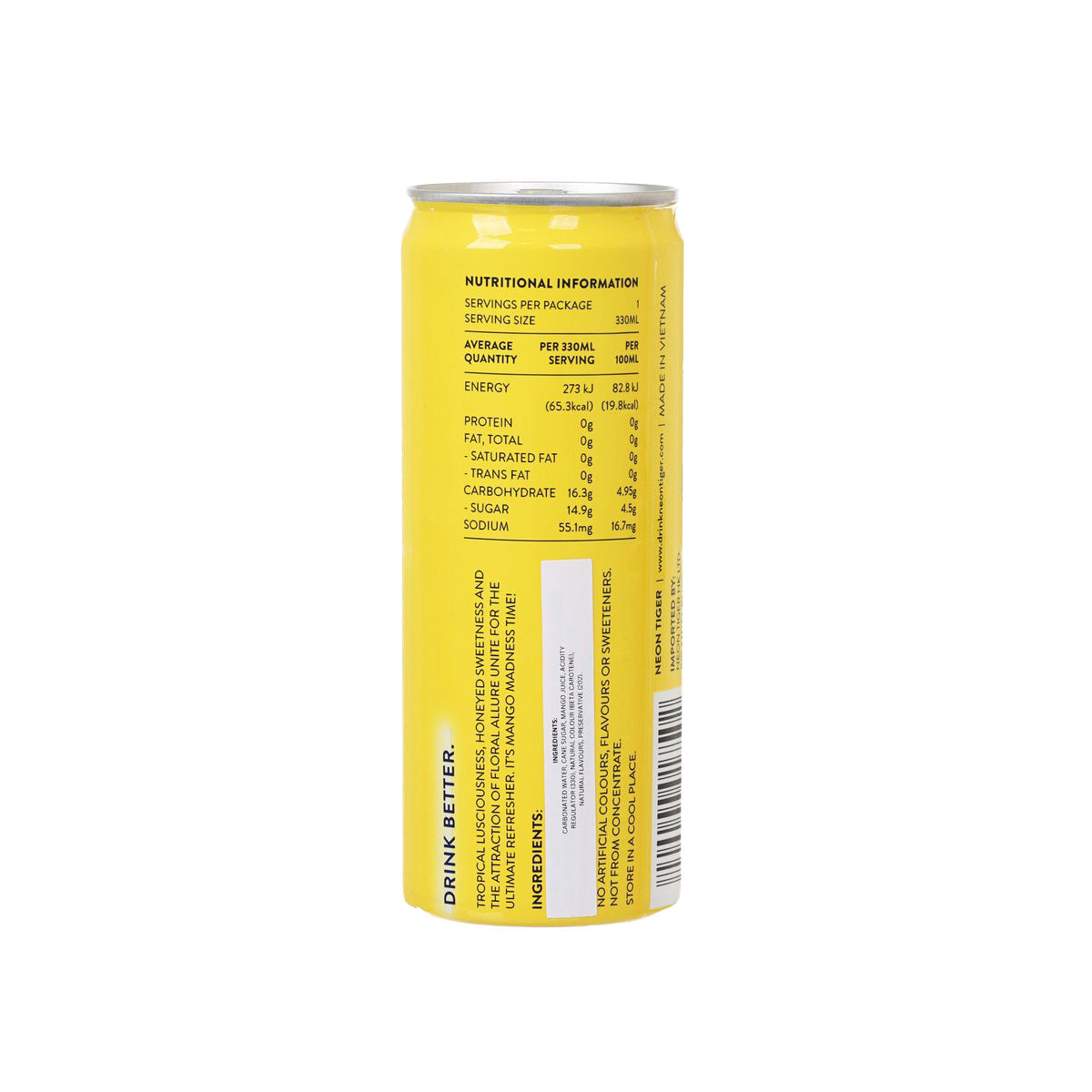 NEON TIGER mango real fruit soda can, back label with nutrition facts and barcode