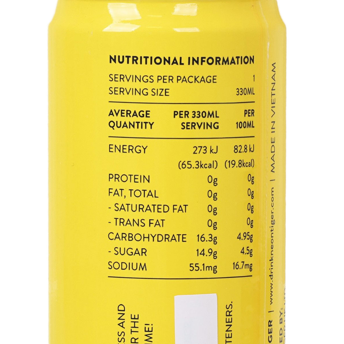 NEON TIGER mango soda can, close-up of nutritional information