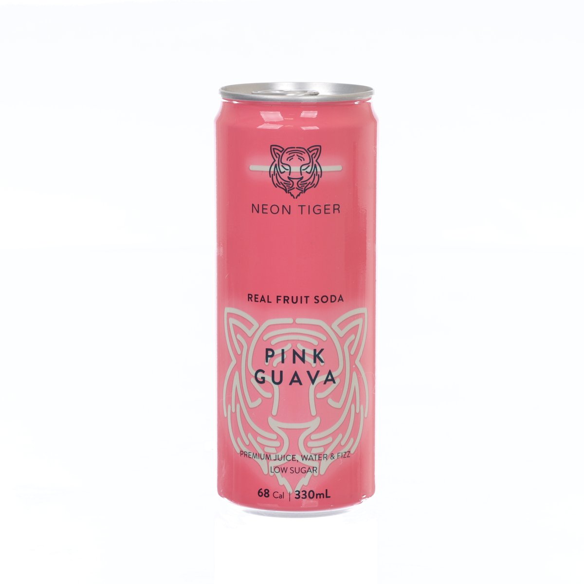 Pink guava real fruit soda can, 330 mL, NEON TIGER branding with tiger logo