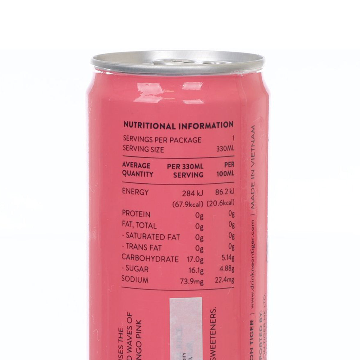 Pink guava real fruit soda can showing nutrition information panel, 330 mL