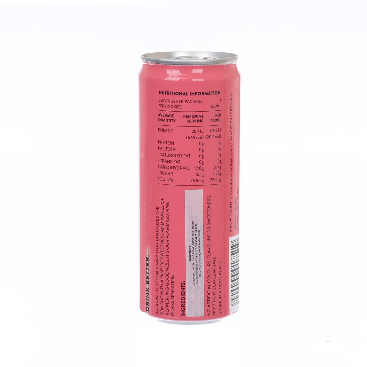 Pink guava real fruit soda can back with nutrition panel and barcode, 330 mL